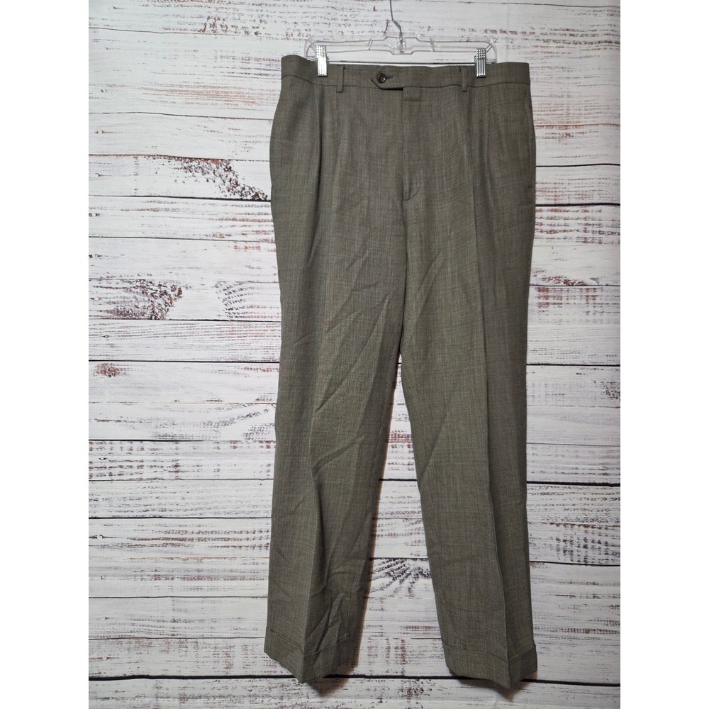 Jos A Bank Mens 36R Brown Wool Pleated Cuffed Dress Pants Micro Check Winter